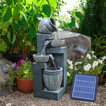 4-tier cascading garden water fountain with three bowls, solar panel, and flowing water