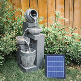 Cascading water fountain feature with four ribbed bowls and arched spout, solar panel