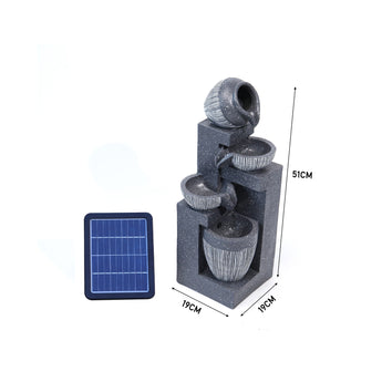 4-tier cascading garden water fountain with solar panel; size shown with 19cm and 51cm
