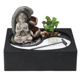 Buddha Zen Tischbrunnen mit Sukkulente, Teelicht und weißem Zierkies auf schwarzem Sockel