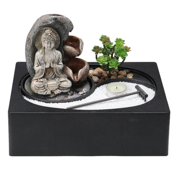 Buddha Zen Tischbrunnen mit Sukkulente, Teelicht und weißem Zierkies auf schwarzem Sockel