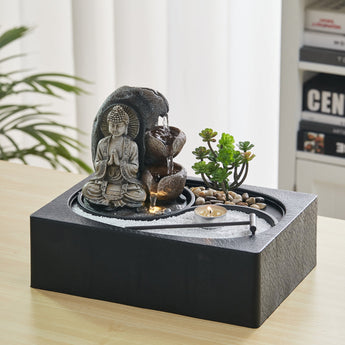Buddha Zen Tischbrunnen mit Teelichthalter und Sukkulente, Wasserlauf-Schale