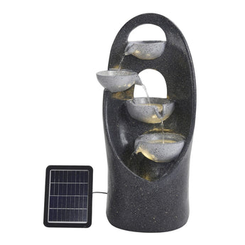 4-tier fountain with solar panel, dark speckled stone and four visible water jets