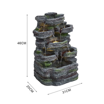 Faux rock garden fountain with lights dimensions: 46 cm height, 31 cm x 25 cm base.