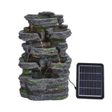 Faux rock garden fountain with lights; dark faux stone finish and small solar panel shown.