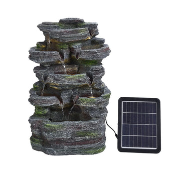 Faux rock garden fountain with lights; dark faux stone finish and small solar panel shown.