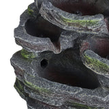 Faux rock garden fountain close-up of carved stone channels and recessed water area.