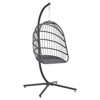 Black rattan patio swing chair with seat cushion and hanging chain, side view