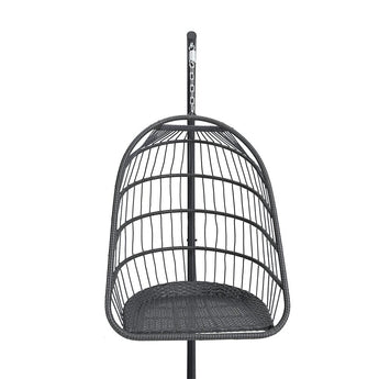 Black rattan swing chair seat with hanging chain, cushion included