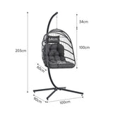Measured diagram of black rattan swing chair with stand and dark gray cushions