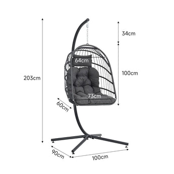 Measured diagram of black rattan swing chair with stand and dark gray cushions