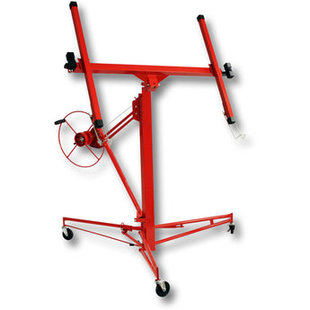 Red rolling plasterboard lifter hoist with wheel stand and lifting frame