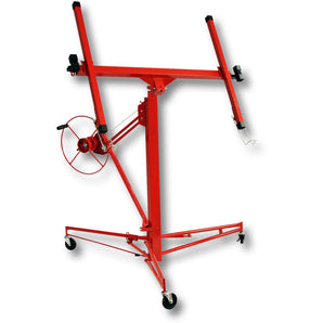 Red rolling plasterboard lifter hoist with wheel stand and lifting frame