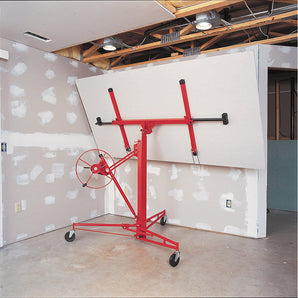 16 ft rolling plasterboard lifter panel hoist in red, wheeled base