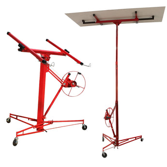 Red plasterboard panel hoist with extending mast and wheeled base