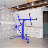 16 ft rolling plasterboard lifter panel hoist in blue, wheeled base