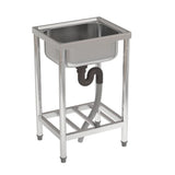 Stainless steel kitchen sink with raised shelf and four legs, side view.