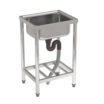 Stainless steel kitchen sink with raised shelf and four legs, side view.