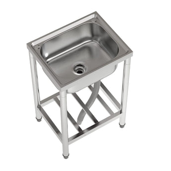 Stainless steel square sink basin with circular drain hole on supported frame.