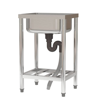 Commercial sink underside with U-shaped trap and flexible hose under the basin.