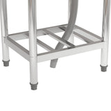 Stainless steel sink shelf base with cross-bracing and support legs.