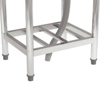Stainless steel sink shelf base with cross-bracing and support legs.