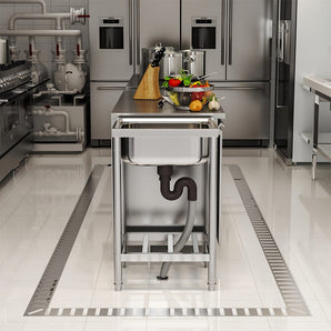 50cm commercial sink in stainless steel with shelf; drain outlet and hose visible.