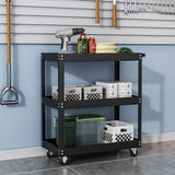 3-tier rolling tool cart with three shelves and caster wheels, black steel frame