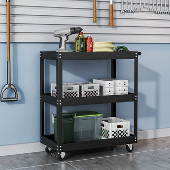 3-tier rolling tool cart with three shelves and caster wheels, black steel frame