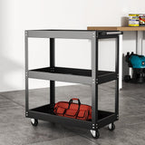 3-tier tool storage cart with two open side shelves and lockable rolling casters
