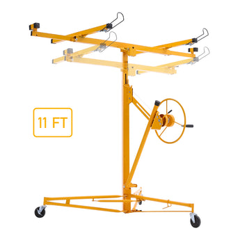 11 ft drywall lifter panel hoist with rolling casters, yellow frame and crank wheel