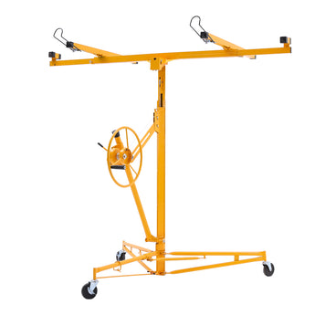 Yellow 11-ft drywall lifter hoist with hand crank wheel and casters