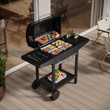 Charcoal BBQ grill open with cooking grates, side shelves, and warming rack