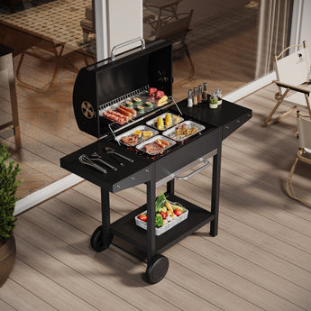 Charcoal BBQ grill open with cooking grates, side shelves, and warming rack