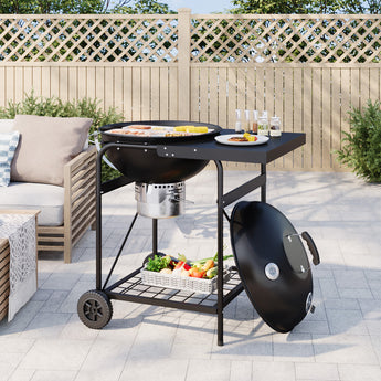 Charcoal BBQ grill with side table, lid thermometer, and warming rack on casters