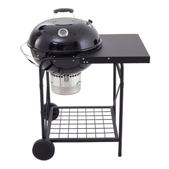 Round charcoal grill with side table, domed lid, thermometer on lid