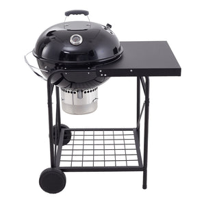 Round charcoal grill with side table, domed lid, thermometer on lid