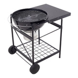Round charcoal grill with side table, wire shelf and circular cooking grate