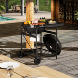 Round charcoal grill with side table, wheels, food on cooking grate