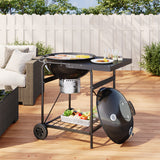 Charcoal BBQ grill with side table, lid thermometer, and lower rack, on wheels