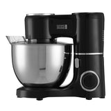 Black stand mixer with stainless bowl and clear splash guard, front view