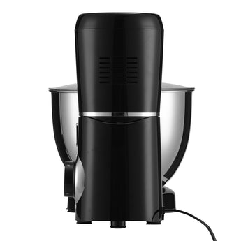 Rear view of black stand mixer with vented housing and stainless bowl