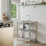 Stainless steel sink with curved faucet and two-tier metal storage stand