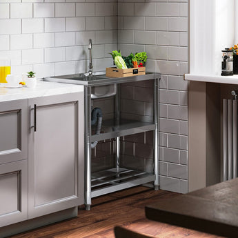 Stainless steel one-compartment sink unit with faucet and open under-shelf storage