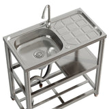 Top view: single stainless sink basin with faucet and tiled drainer area