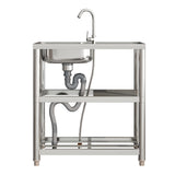 Stainless steel one-compartment sink with visible plumbing and double shelf base