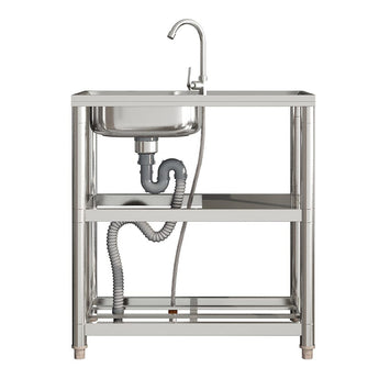 Stainless steel one-compartment sink with visible plumbing and double shelf base