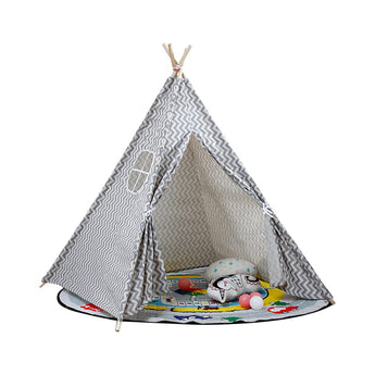 Gray chevron teepee play tent with open doorway and padded play mat