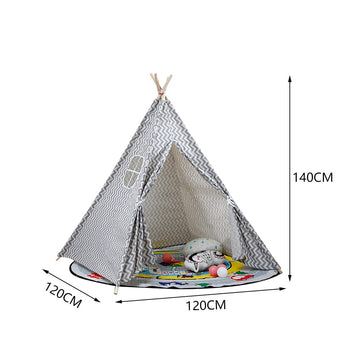 Kids teepee play tent size 120×120×140 cm, gray chevron pattern and play mat