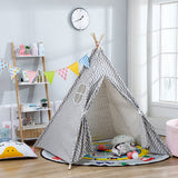 Kids teepee play tent in gray chevron, open doorway and padded play mat